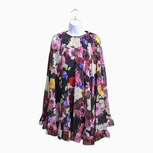 NWT IEENA x Mac Duggal Floral Chiffon Cape Mini Dress Size 2 Ruffle-Embellished